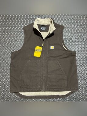 Carhartt Sherpa Lined Vest Duck Brown Canvas Workwear Utility Mens Large NEW